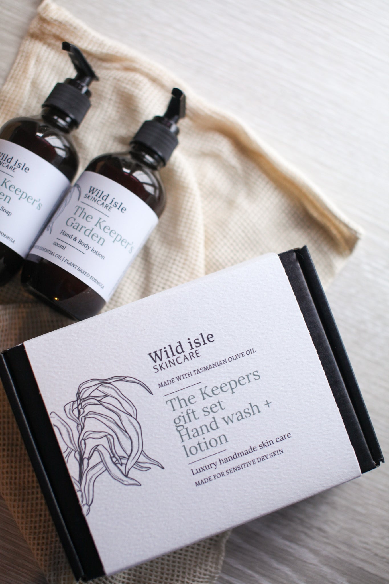 Wild Isle Skincare gift set with bottles and packaged retail-ready wholesale gift handmade